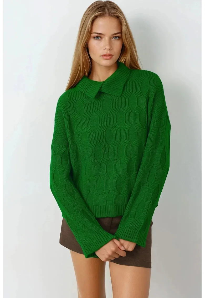 Pulover tricotat  cu model, detaliu guler, verde, tricot, One Size