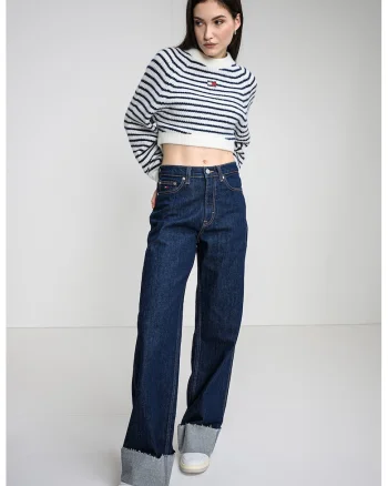 Pulover crop cu detaliu logo, Alb/Bleumarin