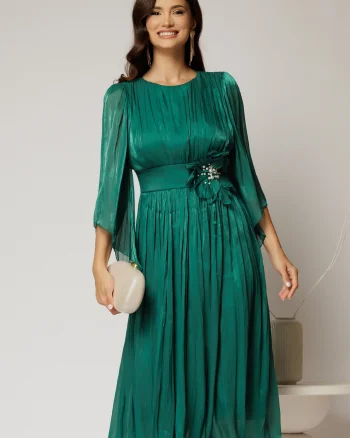 Rochie midi verde de ocazie din voal peliculizat cu perle pe talie