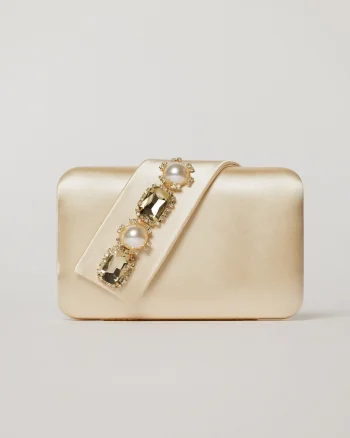 Clutch galben pal elegant din satin cu aplicatii de perle si cristale
