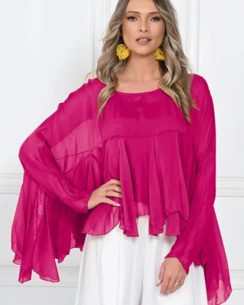 Bluza din matase naturala si vascoza cu volane tip cascada, croi lejer, fucsia