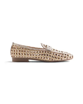 Pantofi loafer de piele cu perforatii, Auriu platinat