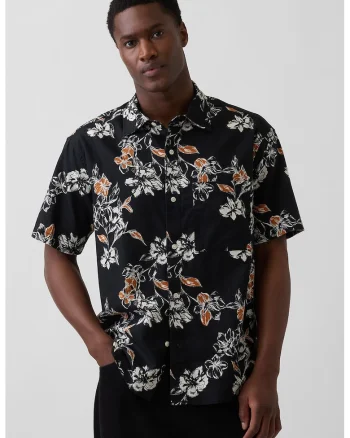 Camasa cu design floral si nasturi, Negru/Portocaliu stins
