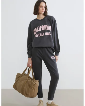 Bluza de trening cu croiala lejera si imprimeu, Roz pal/Gri antracit