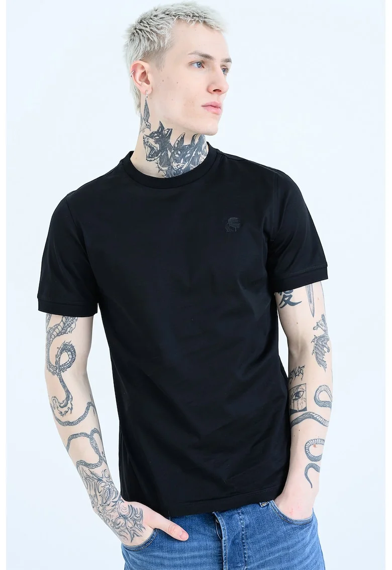 Tricou regular fit cu decolteu la baza gatului, Negru