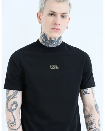 Tricou cu decolteu la baza gatului si imprimeu logo discret, Negru