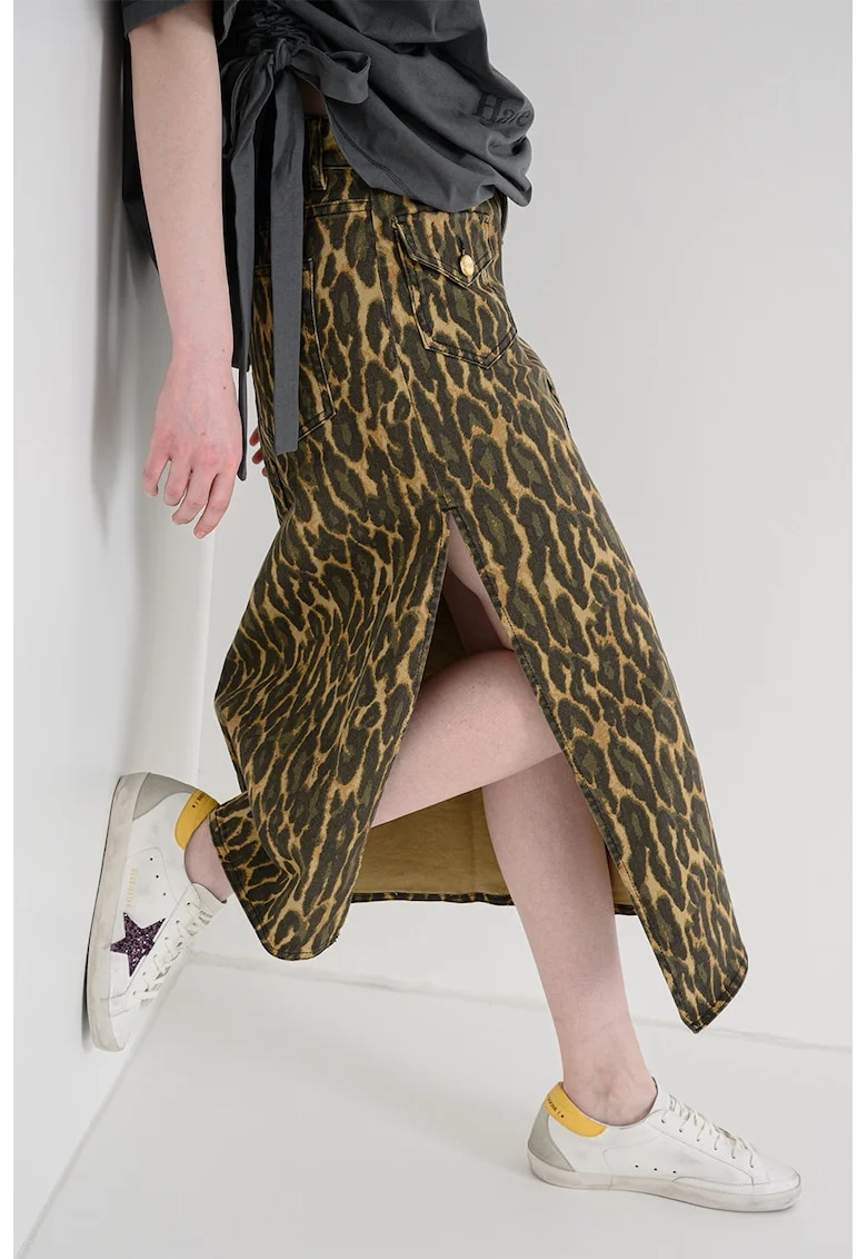 Fusta asimetrica cu slit lateral adanc si model animal print, Kaki/Ocru