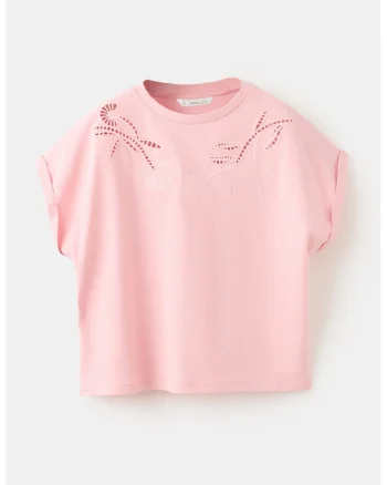 Tricou de bumbac cu decupaje decorative, Roz deschis