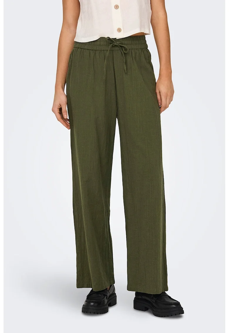 Pantaloni cu buzunare laterale si snur in talie, Verde masliniu