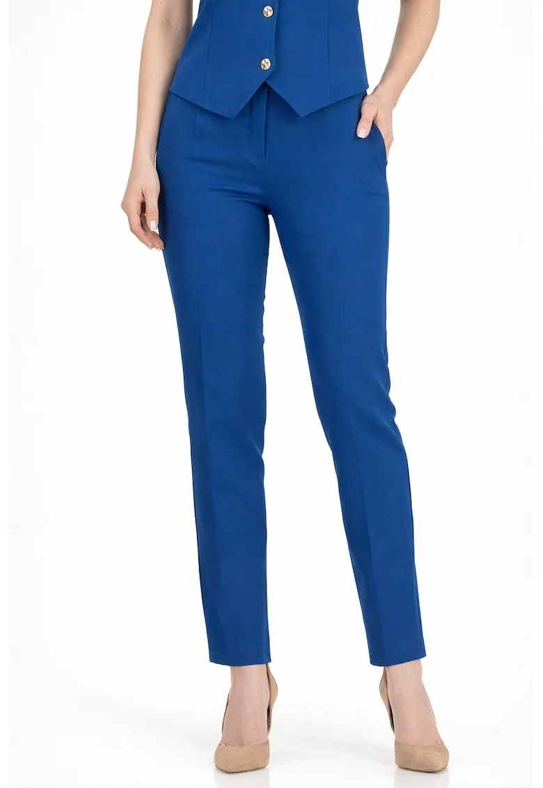 Pantaloni dama din stofa, conici, cu talie inalta si buzunare laterale, Albastru