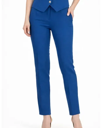 Pantaloni dama din stofa, conici, cu talie inalta si buzunare laterale, Albastru