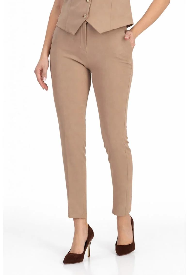 Pantaloni dama din stofa, conici, cu talie inalta si buzunare laterale, Bej
