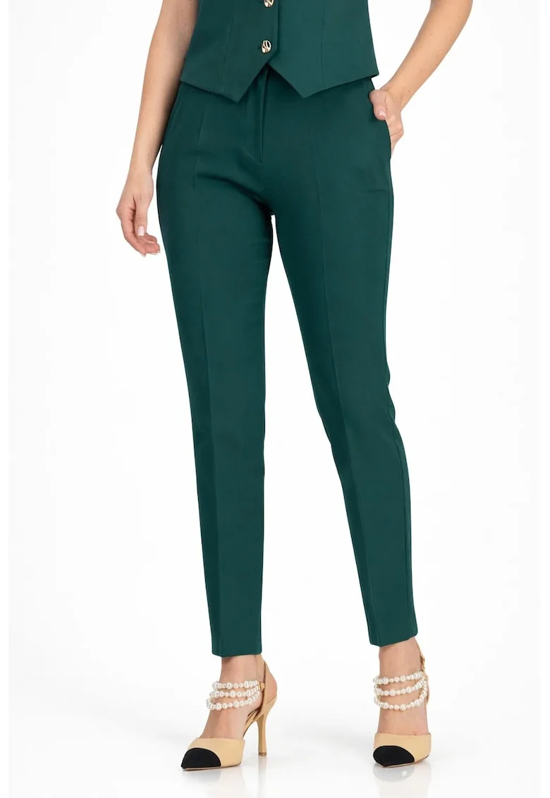 Pantaloni dama din stofa, conici, cu talie inalta si buzunare laterale, Verde