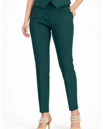 Pantaloni dama din stofa, conici, cu talie inalta si buzunare laterale, Verde