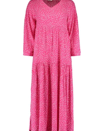 Rochie lunga cu decolteu in V, Fucsia/Alb optic