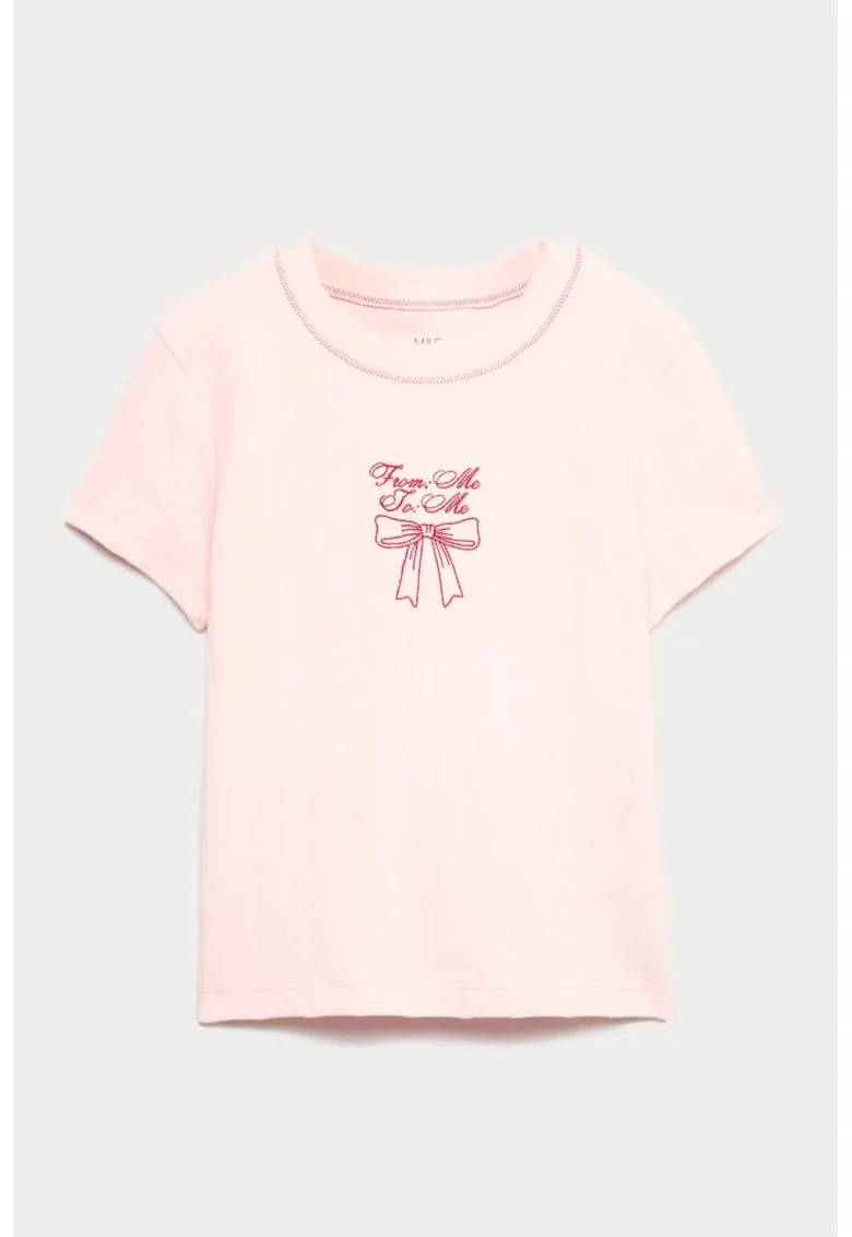 Tricou de bumbac cu funda brodata, Roz aprins/Roz pal