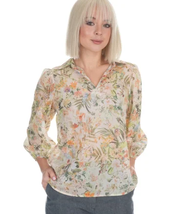 Bluza cu imprimeu floral si guler clasic cu decolteu in V