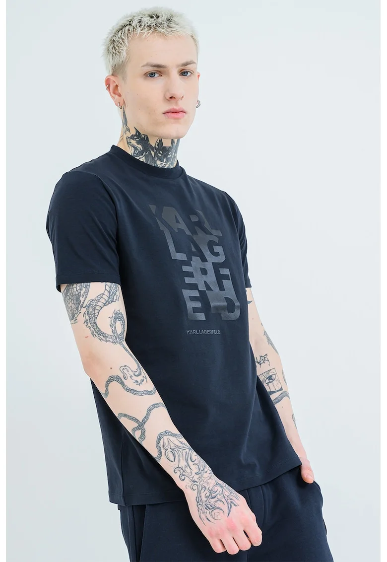 Tricou cu decolteu la baza gatului si imprimeu logo, Albastru ultramarin