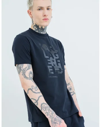 Tricou cu decolteu la baza gatului si imprimeu logo, Albastru ultramarin