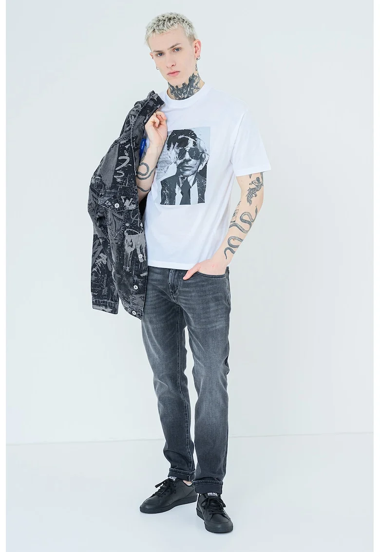 Tricou de bumbac cu impriemu grafic frontal, Alb/Gri cenusiu