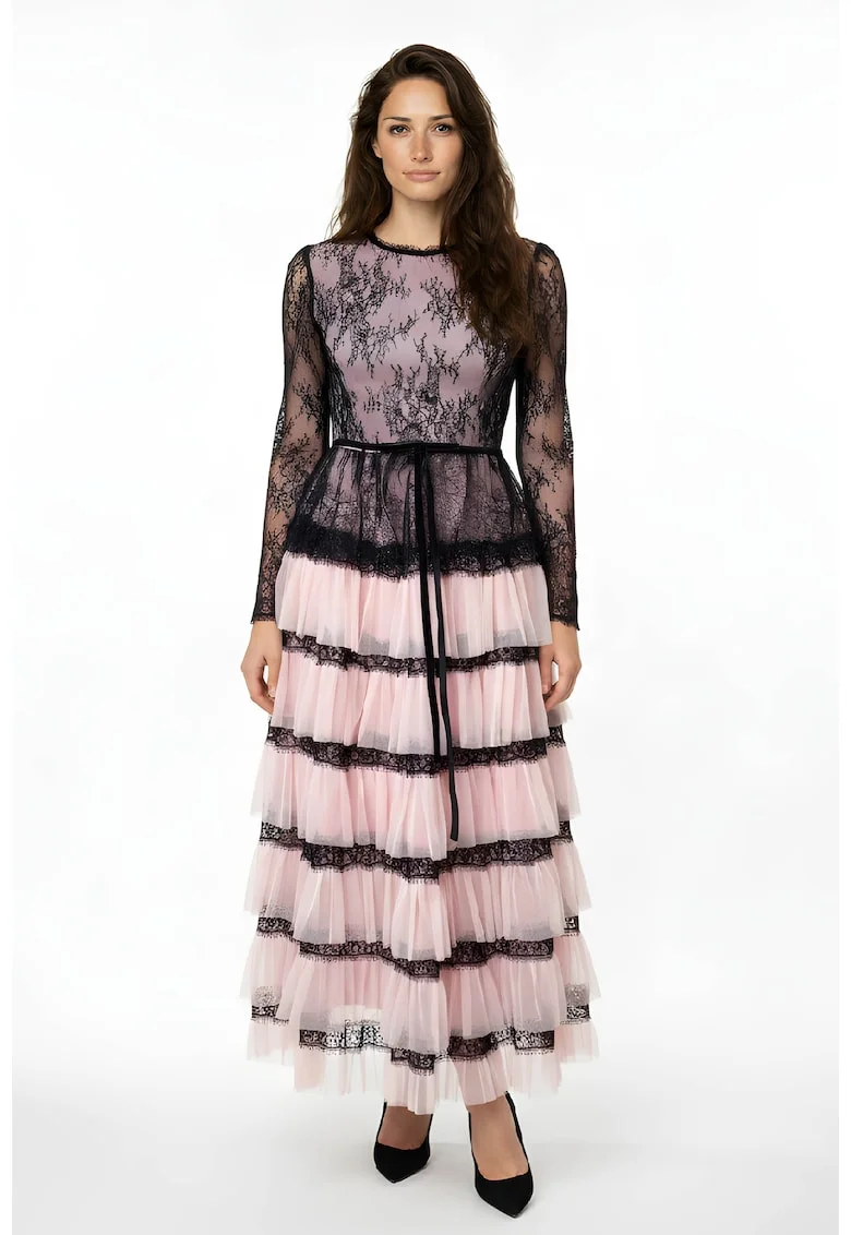 Rochie midi din dantela si tul Celena, Negru/Roz prafuit