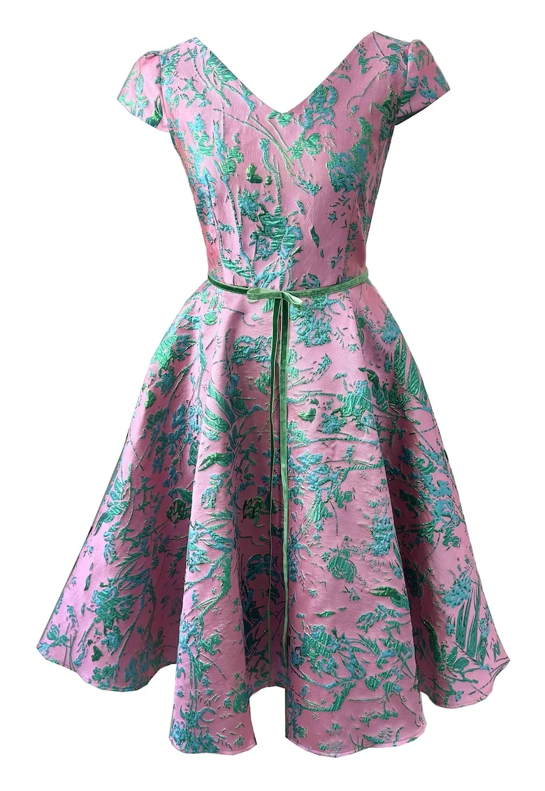 Rochie midi din brocart Carla, Turcoaz/Roz flamingo