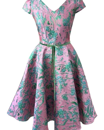 Rochie midi din brocart Carla, Turcoaz/Roz flamingo