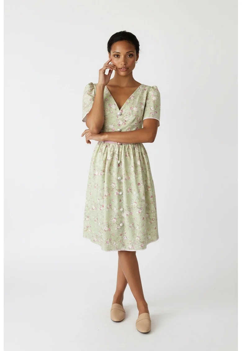 Rochie cu decolteu in V si nasturi decorativi Geri, Multicolor