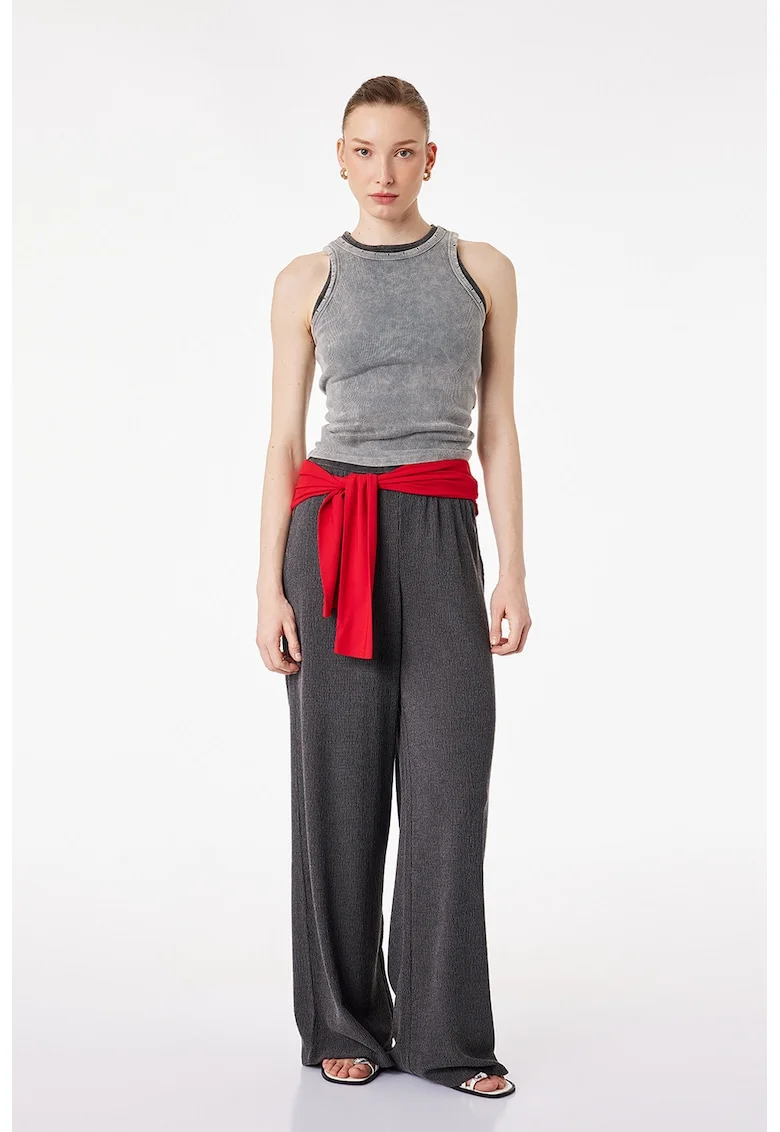 Pantaloni texturati cu snur de ajustare si croiala ampla, Gri antracit