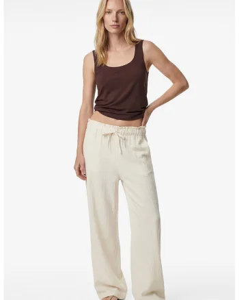 Pantaloni din amestec de in cu snur de ajustare, Crem