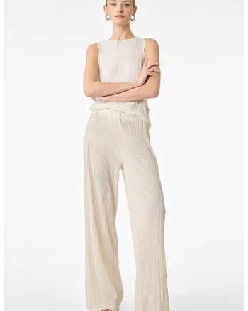 Pantaloni striati cu croiala ampla, Crem