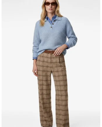 Pantaloni cu model in carouri si curea, Bej