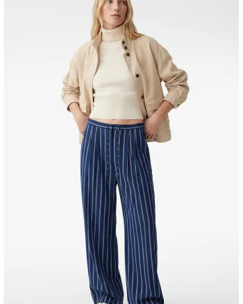 Pantaloni cu croiala ampla, model in dungi si snur de ajustare, Albastru indigo