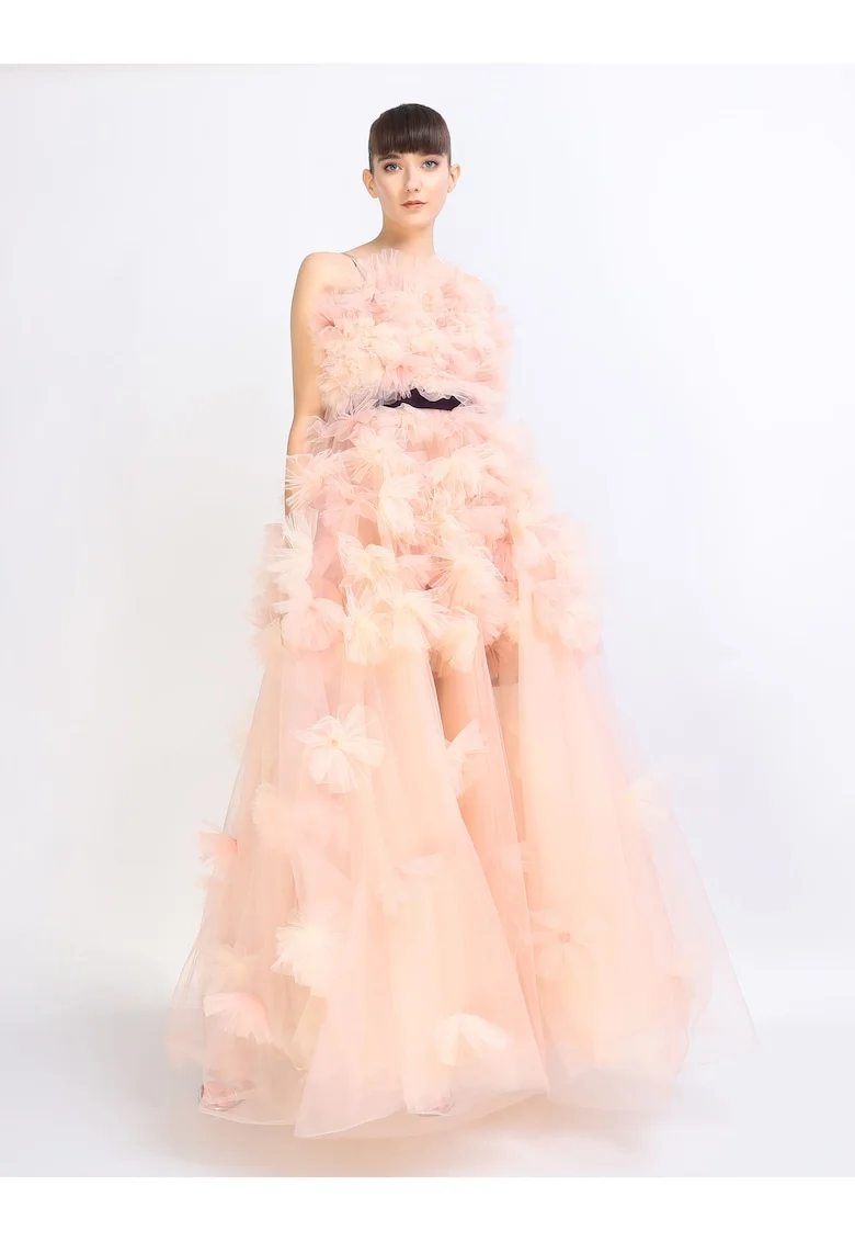 Rochie maxi cu aplicatii cu floare din tul Juliette, Roz pudrat