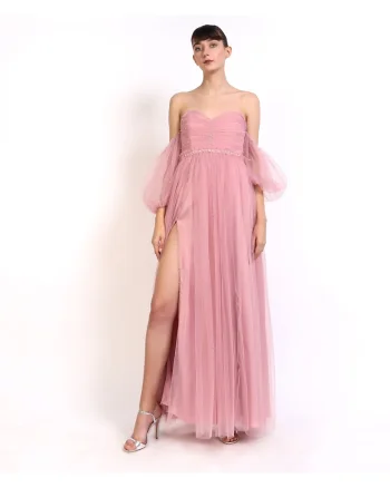 Rochie maxi din tul cu cristale aplicate Letizia, Roz pudrat