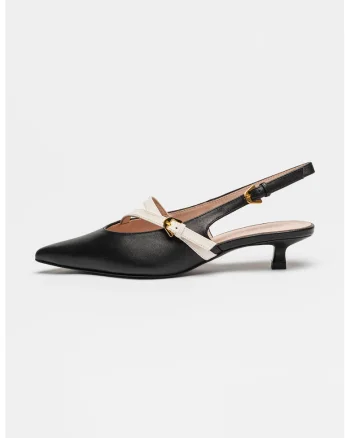 Pantofi de piele cu toc kitten, Alb fildes/Negru