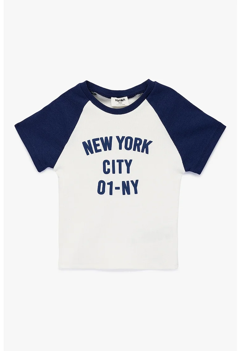 Tricou cu decolteu la baza gatului si imprimeu grafic, Alb murdar/Bleumarin