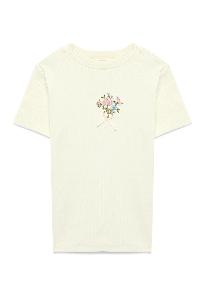Tricou striat cu broderie florala, Bej deschis