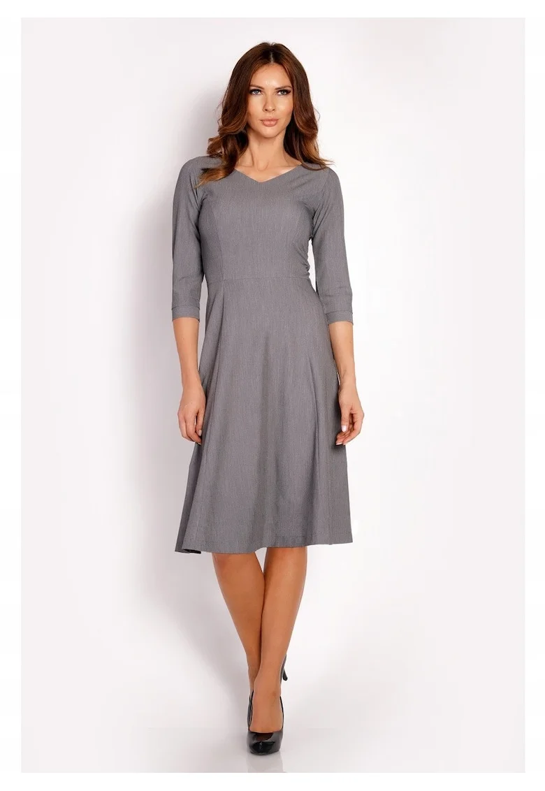 Rochie Dama,  L014, Trapez, Eleganta, Maneci 3/4, Croiala Evazata, Lungime Mini, Tesatura Confortabila cu Vascoza si Elastan, Fason Clasic, Ideala Iesiri, Gri