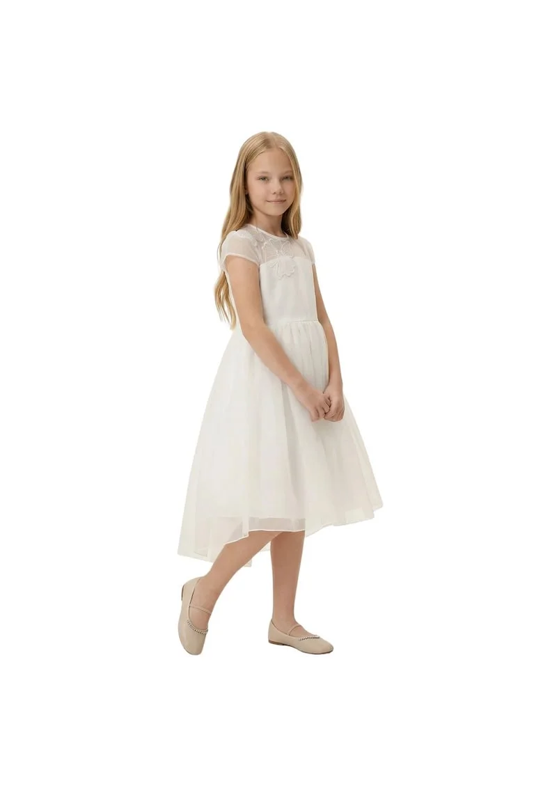 Rochie fete,  Sienna, Poliester, Aplicatii florale, Alb, Alb