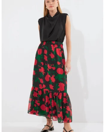 Fusta Maxi  imprimeu floral, negru, textil
