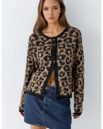 Cardigan  imprimeu leopard, maro, 100% acrilic,