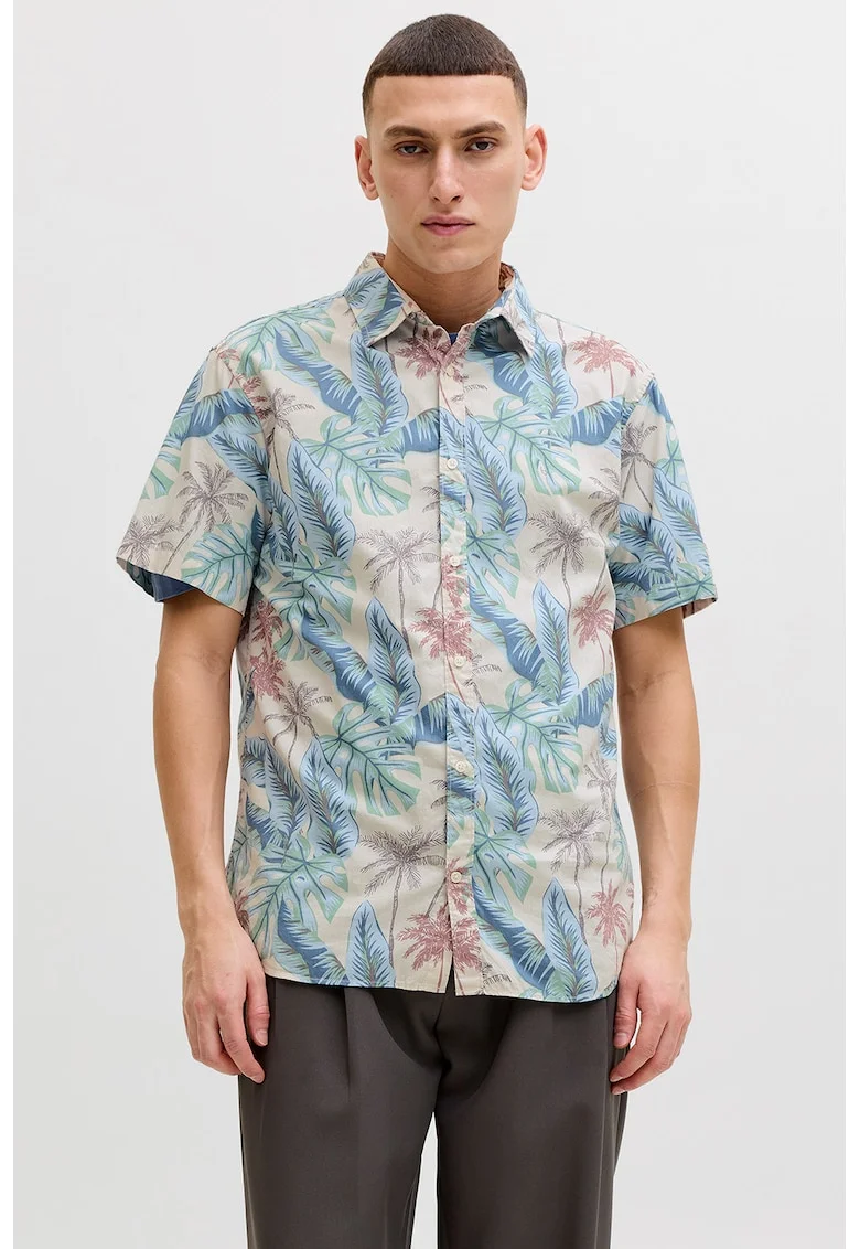 Camasa cu model tropical cu guler clasic, Verde/Rosu stins/Albastru