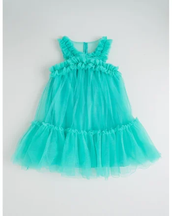 Rochie din tul cu volane, Verde aquamarin
