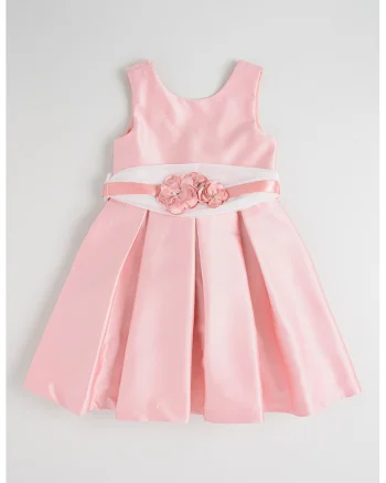 Rochie din satin cu croiala baby-doll si cordon in talie, Alb/Roz deschis