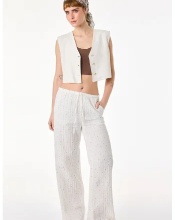 Pantaloni drepti texturati, Crem