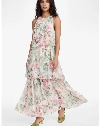 Rochie din sifon cu model stratificat si floral, Verde/Roz