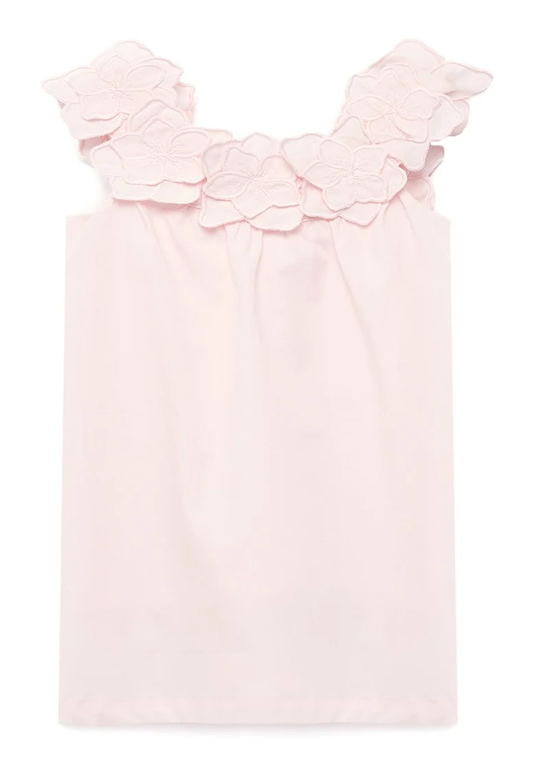 Rochie de bumbac fara maneci cu aplicatii florale, Roz pal