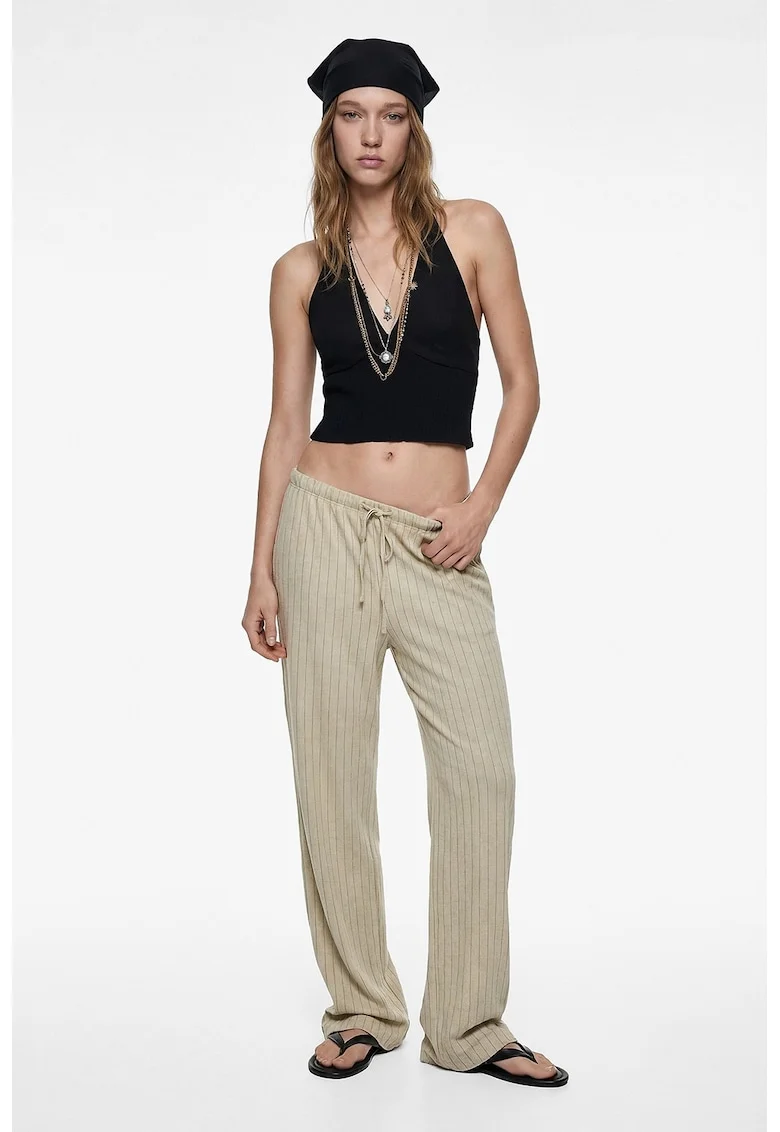 Pantaloni din amestec de in cu croiala ampla si model in dungi, Bej