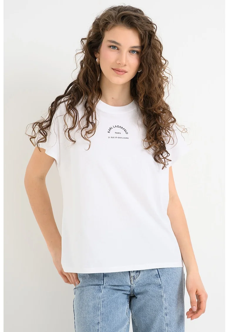 Tricou relaxed fit de bumbac cu logo stralucitor, Alb optic
